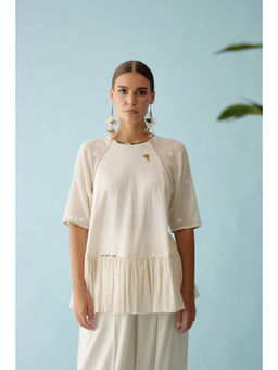 Nikasha - Cream Handwoven Jamdani Cotton Hi-Low Top