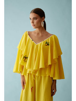 Nikasha - Yellow Hand Embroidered Chilli Applique Frill Top