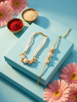 Gahan - Gold Toned & White Pearls Bhaiya Bhabhi Rakhi