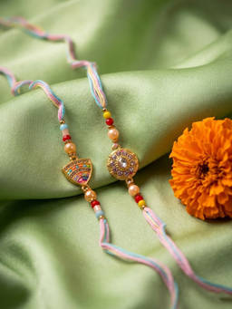 Gahan - Chandan Gold Toned Artificial Stones & Beads Thread Rakhis (Pack of 2)
