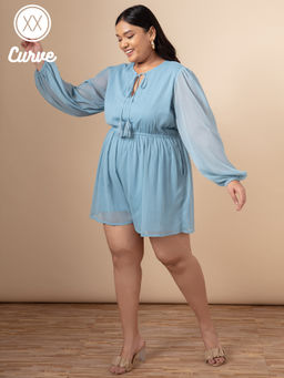 Twenty Dresses by Nykaa Fashion - Curve Blue Solid V Neck Playsuit