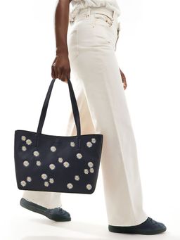 Accessorize London - Women's Navy Blue Daisy Faux Leather Tote Bag