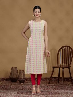 Cotton Culture - Off White Pastel Diamond Printed Sleeveless Cotton Kurta