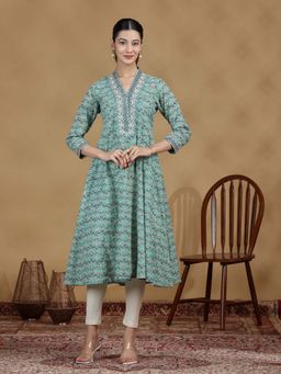 Cotton Culture - Green Printed Flared Cotton Kurta
