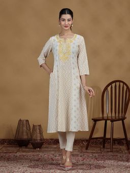 Cotton Culture - Off White And Mustard Printed Cotton Embroidered A-Line Kurta
