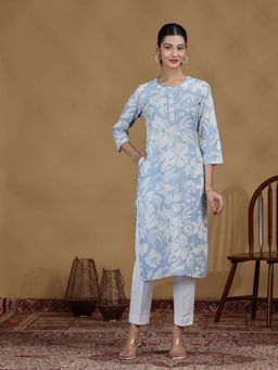 Cotton Culture - Light Blue Floral Printed Cotton Straight Kurta