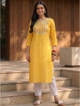 Maaesa - Women Yellow Cotton Embroidered Leheriya Straight Kurta