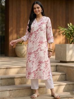 Maaesa - Women Pink Cotton Floral Printed Straight Kurta