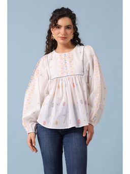 RATAN JAIPUR - White Batwing Cotton Top