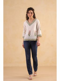 RATAN JAIPUR - Cream Cotton Short Top