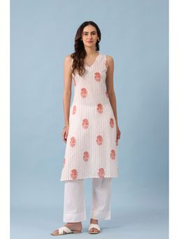 RATAN JAIPUR - White Sleeveless V Neck Kurta