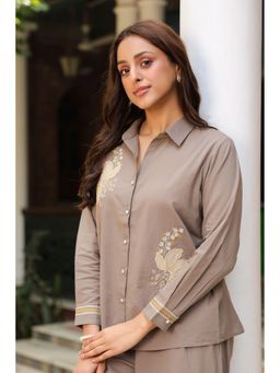 SAVI - Taupe Cotton Embroidered Shirt