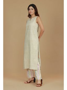 Tjori - Beige Cotton Khadi Sleeveless Kurta