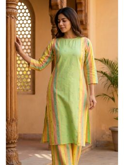 Tjori - Lime Green And Yellow Striped Cotton Viscose Kurta