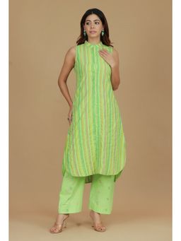 Tjori - Lime Green Striped Sleeveless Cotton Viscose Kurta