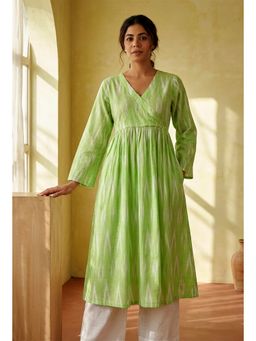 Tjori - Light Green Ikat Flared Cotton Kurta