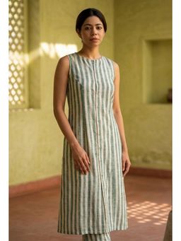 Tjori - Green And White Striped Cotton Kurta