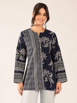 Vbuyz - Women Turquoise Block Print A-Line Cotton Stitched Top