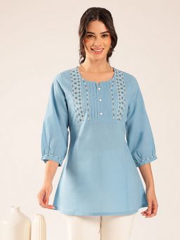 Vbuyz - Women Sky Blue Yoke Design A-Line Cotton Stitched Top