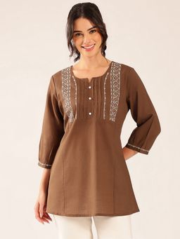 Vbuyz - Women Brown Yoke Design A-Line Cotton Stitched Top