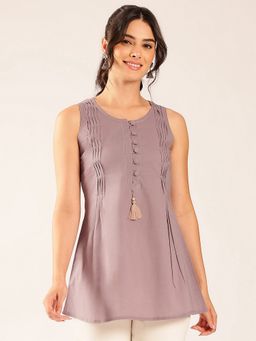 Vbuyz - Women Lavender Solid A-Line Cotton Stitched Tunic