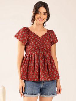 Vbuyz - Women Maroon Floral Flared Cotton Stitched Peplum Top