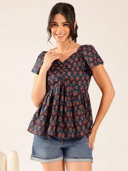 Vbuyz - Women Turquoise Floral Flared Cotton Stitched Peplum Top