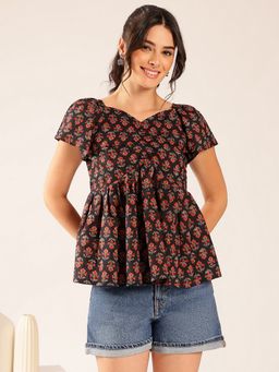 Vbuyz - Women Black Floral Flared Cotton Stitched Peplum Top