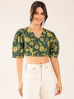 Vbuyz - Women Green Floral Straight Cotton Stitched Crop Top