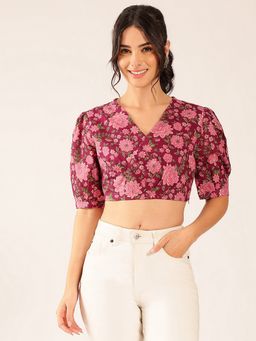 Vbuyz - Women Magenta Floral Straight Cotton Stitched Crop Top