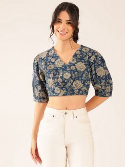 Vbuyz - Women Blue Floral Straight Cotton Stitched Crop Top