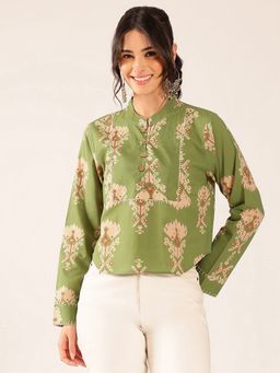 Vbuyz - Women Parrot Green Ikat Print Curved Cotton Stitched Top