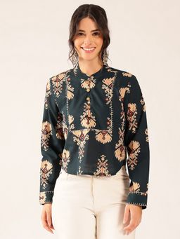 Vbuyz - Women Blue Ikat Print Curved Cotton Stitched Top