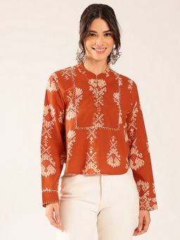 Vbuyz - Women Rust Ikat Print Curved Cotton Stitched Top