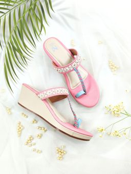 The Madras Trunk - Women Two Inch Pink Wedges Kolhapuris Heels