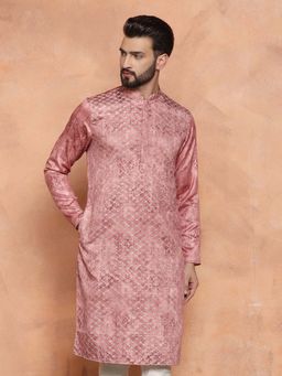 KISAH - Men Pink Embroidery Cotton Blend Kurta with Sequinned