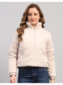 Monte Carlo - Women Off White Nylon Blended High Neck Winter Jacket