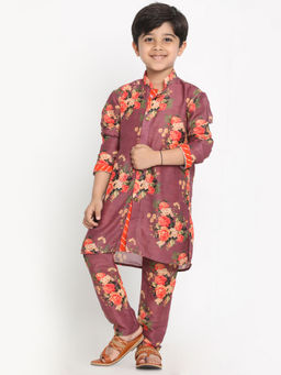 Vastramay - Boys Multicolor-Base-Wine Cotton Blend Kurta Pyjama (Set of 2)
