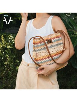 Avake - Multi Tassel Detail Lightweight Raffia Vegan Leather Shoulder Bag