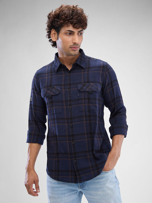 Spykar Mens Full Sleeve Slim Fit Checkered Blue Shirt