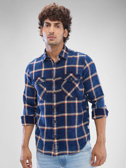Spykar - Mens Full Sleeve Slim Fit Checkered Navy Blue Shirt