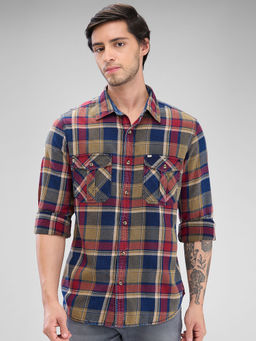 Spykar - Mens Full Sleeve Slim Fit Checkered Red Shirt