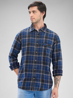 Spykar - Mens Full Sleeve Slim Fit Checkered Blue Shirt