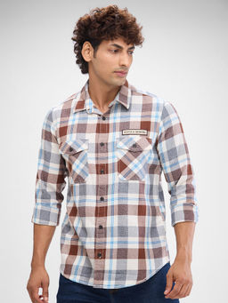 Spykar - Mens Full Sleeve Slim Fit Checkered Off White & Brown Shirt