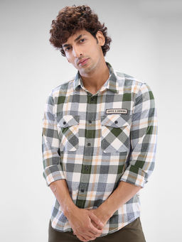 Spykar - Mens Full Sleeve Slim Fit Checkered Off White & Green Shirt