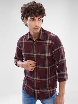 Spykar - Mens Full Sleeve Slim Fit Checkered Maroon Shirt