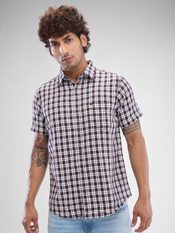 Spykar - Mens Half Sleeve Slim Fit Checkered Brown Shirt