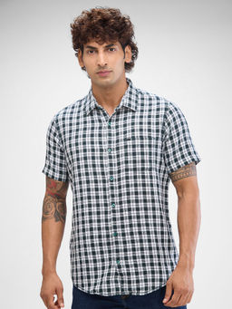 Spykar - Mens Half Sleeve Slim Fit Checkered Green Shirt