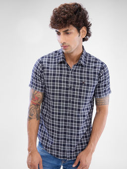 Spykar - Mens Half Sleeve Slim Fit Checkered Navy Blue Shirt