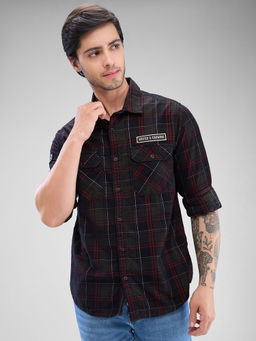 Spykar - Mens Full Sleeve Slim Fit Checkered Navy Blue Shirt